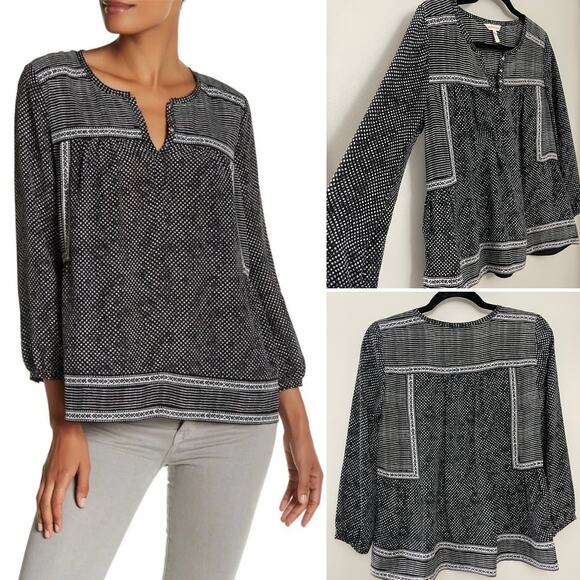 Rebecca‎ Taylor 100% Silk Monochromatic Boho Patchwork Print Silk Blouse Size 2 - Picture 1 of 12